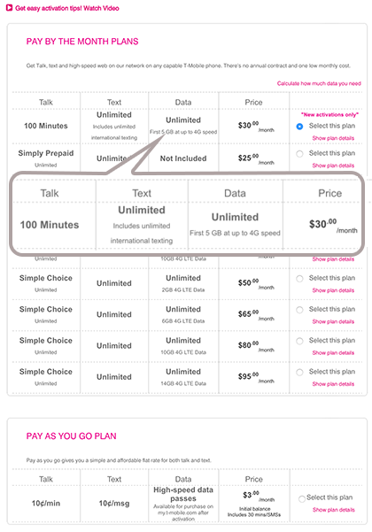 T-mobileサイトの各コース価格表